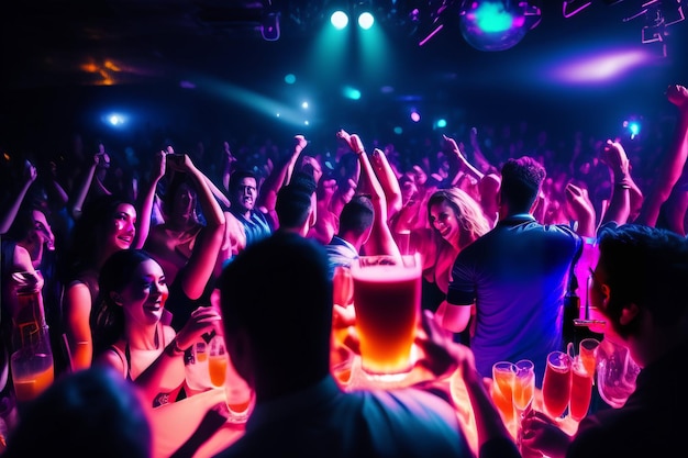 Une discothèque bondée avec des gens tenant des verres à bière et un grand nombre de personnes tenant des boissons