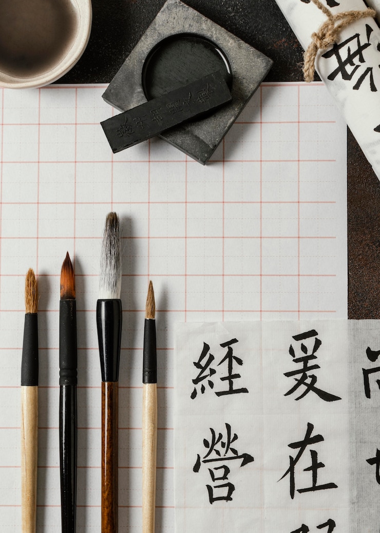 Photo gratuit disposition d'éléments d'encre chinoise à plat