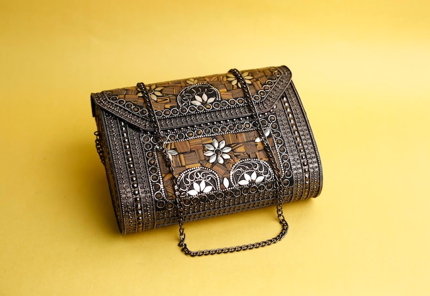 Disposition de sac à main antique avec place pour le texte Bannière de maquette de fond de bijoux Accessoires de mode