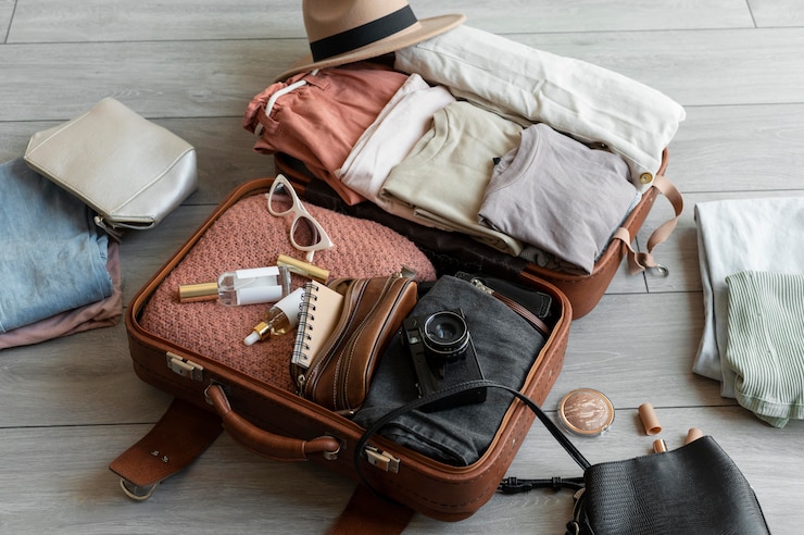 Photo gratuit disposition des vêtements et accessoires dans une valise