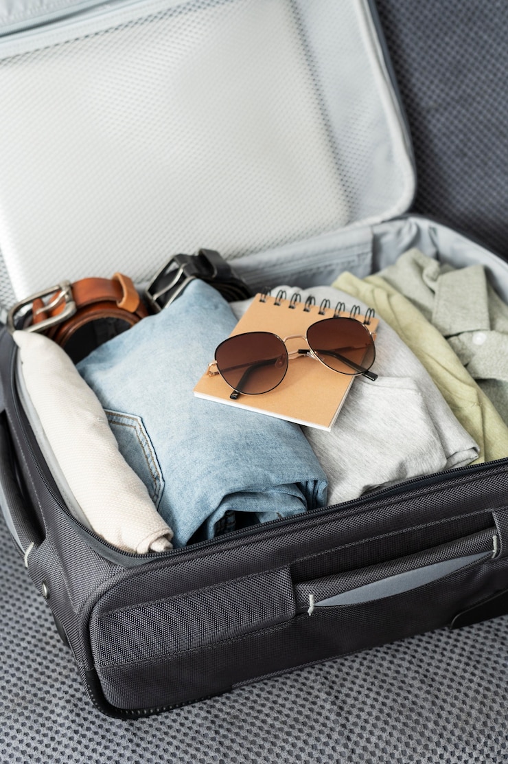 Photo gratuit disposition des vêtements et accessoires dans une valise