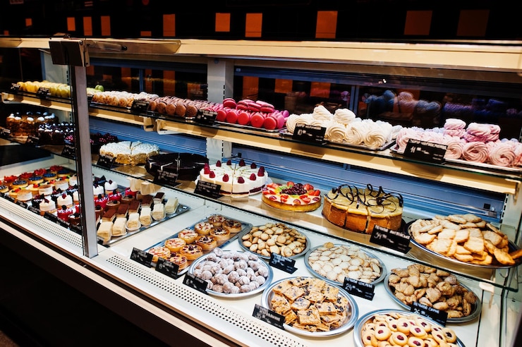 Photo gratuit divers gâteaux sur les rayons des supermarchés à vendre