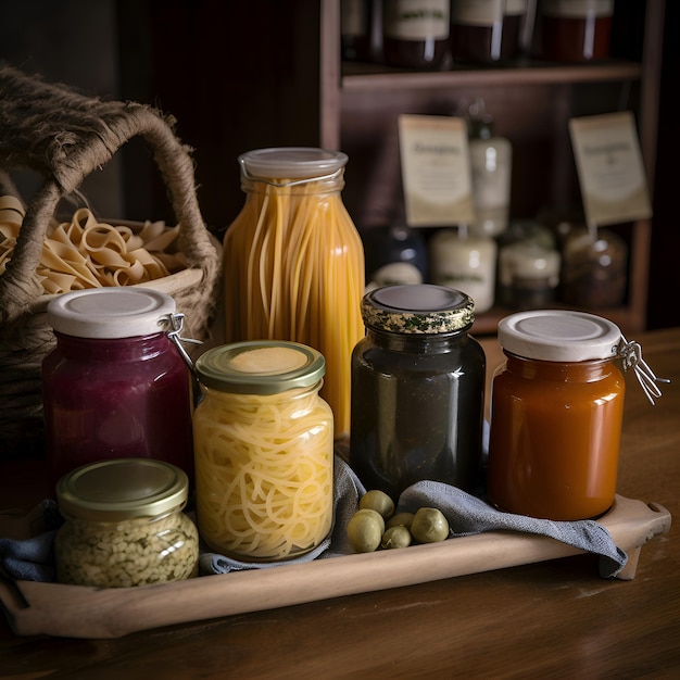 Divers types de pâtes dans des bocaux en verre sur une table en bois.