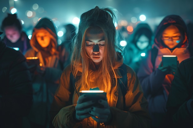 Photo gratuite diverse personnes dépendantes de leurs appareils intelligents faisant défiler et regardant dans leurs écrans