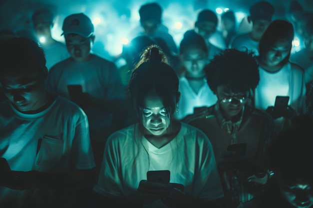 Photo gratuite diverse personnes dépendantes de leurs appareils intelligents faisant défiler et regardant dans leurs écrans