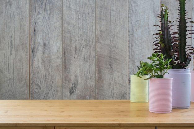 Diverses plantes dans les canettes de recyclage peintes sur une table en bois