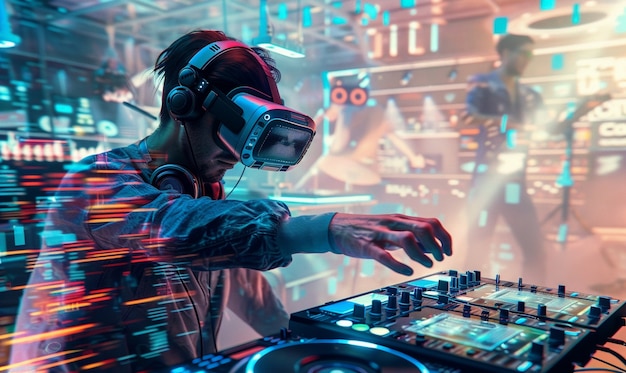 Photo gratuite un dj futuriste utilisant des lunettes de réalité virtuelle pour animer une fête et jouer de la musique