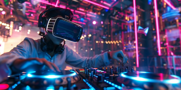 Photo gratuite un dj futuriste utilisant des lunettes de réalité virtuelle pour animer une fête et jouer de la musique