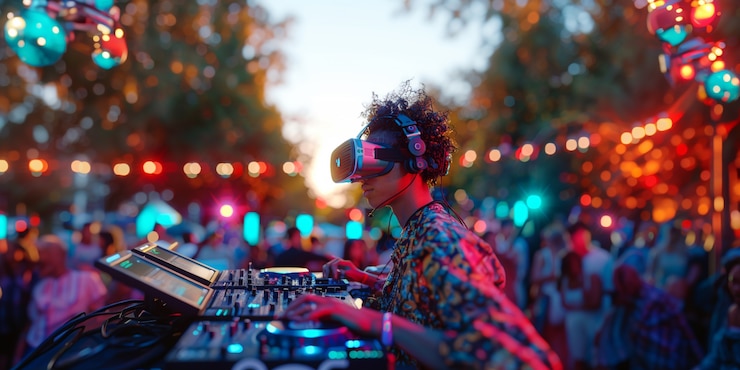Photo gratuit un dj futuriste utilisant des lunettes de réalité virtuelle pour animer une fête et jouer de la musique