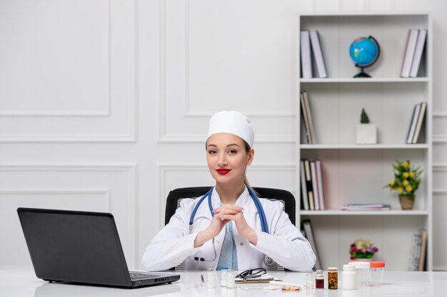 Docteur médical assez mignon en blouse blanche et chapeau avec ordinateur béni et heureux