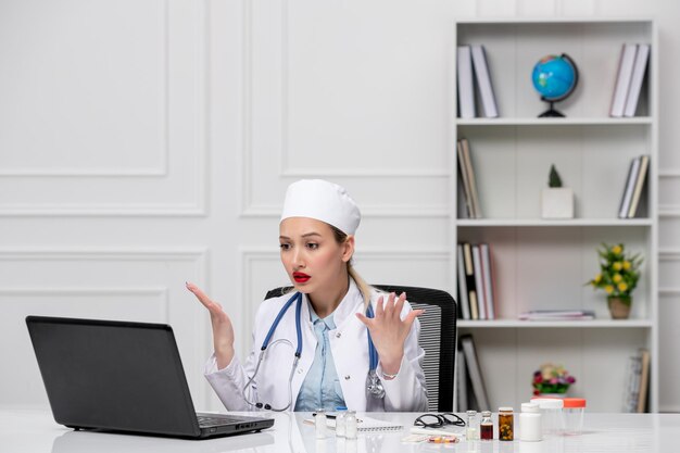 Docteur médical assez mignon en blouse blanche et chapeau avec ordinateur confus