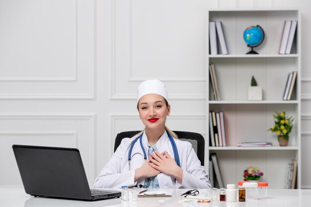 Docteur médical assez mignon en blouse blanche et chapeau avec ordinateur tenant la poitrine