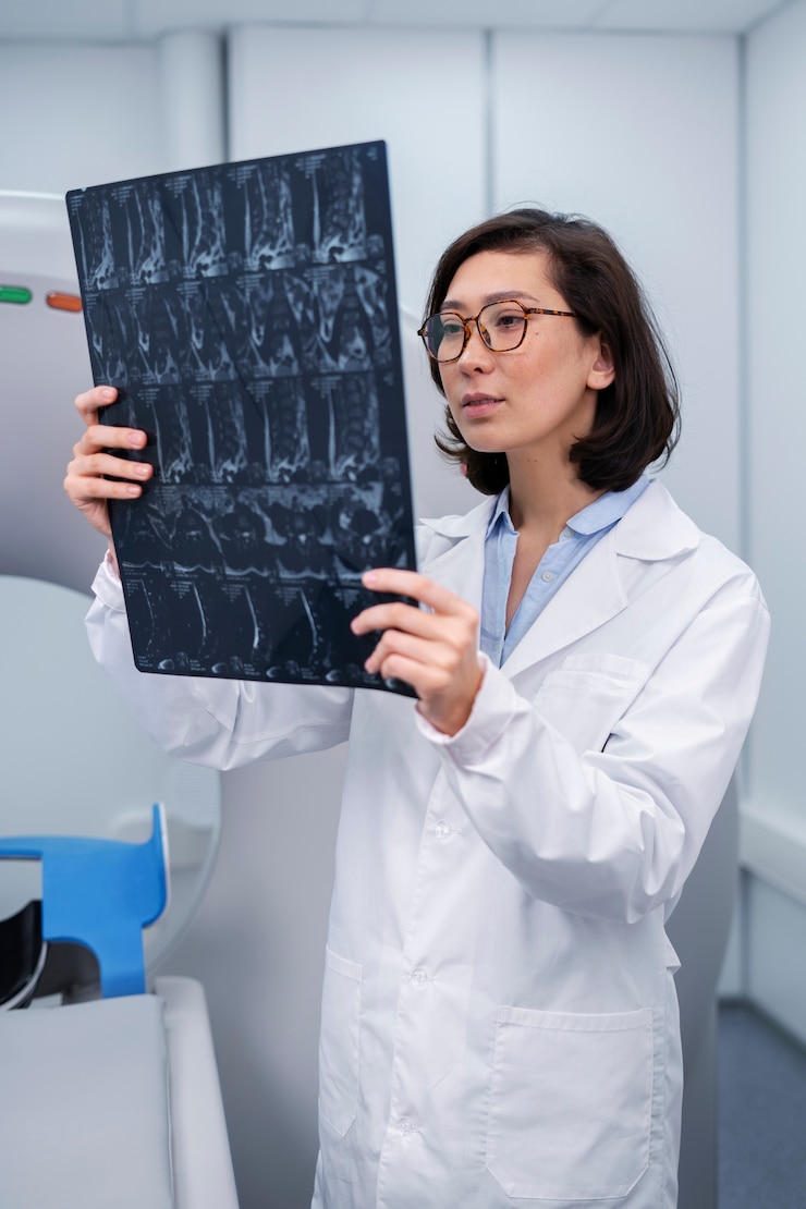 Photo gratuit docteur regardant au-dessus de la tomodensitométrie