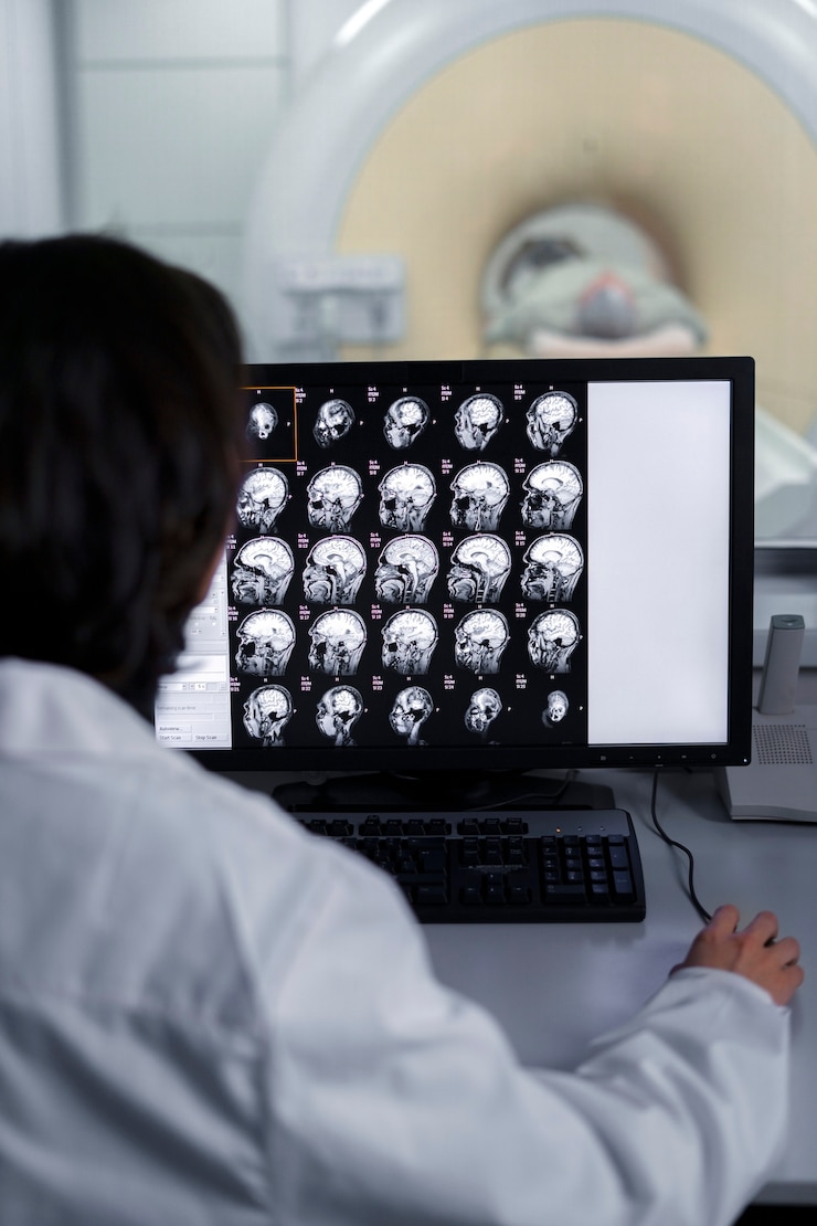 Photo gratuit docteur regardant au-dessus de la tomodensitométrie