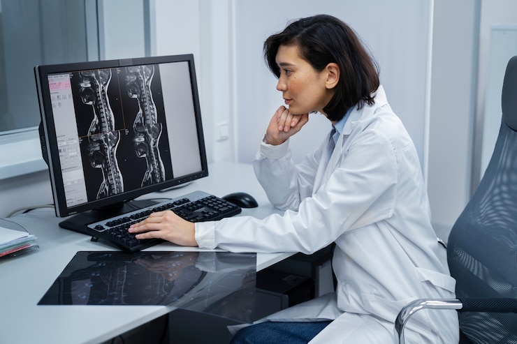 Photo gratuit docteur regardant au-dessus de la tomodensitométrie