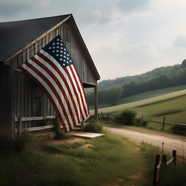 Photo gratuite drapeau américain sur une grange dans la campagne rendu 3d