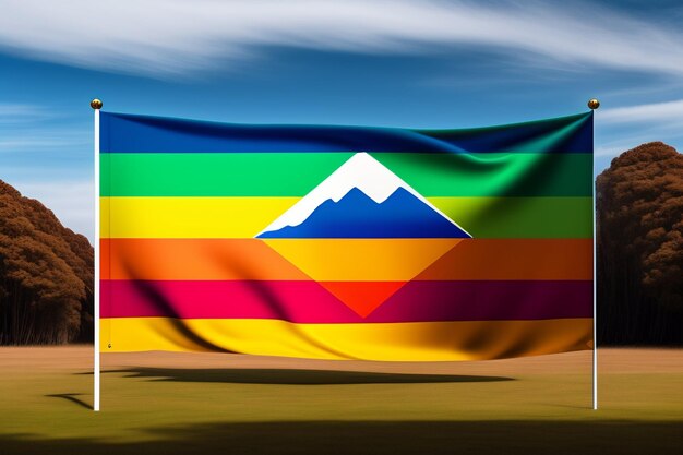 Un drapeau arc-en-ciel avec la montagne en arrière-plan