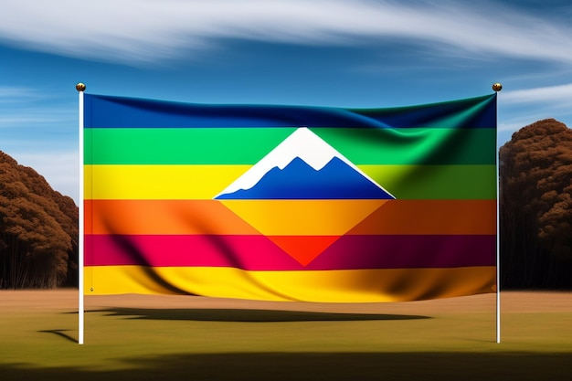 Un drapeau arc-en-ciel avec la montagne en arrière-plan