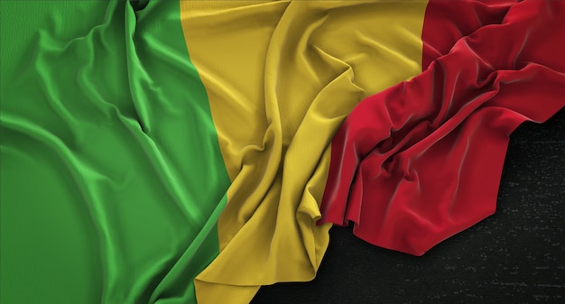 Le drapeau du Mali est irrégulier sur un fond sombre 3D Render