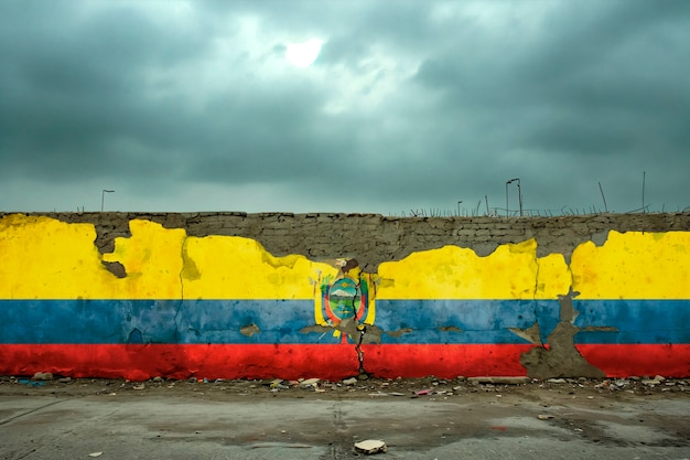 drapeau de l'équateur déchiré et cassé sur un mur de ciment