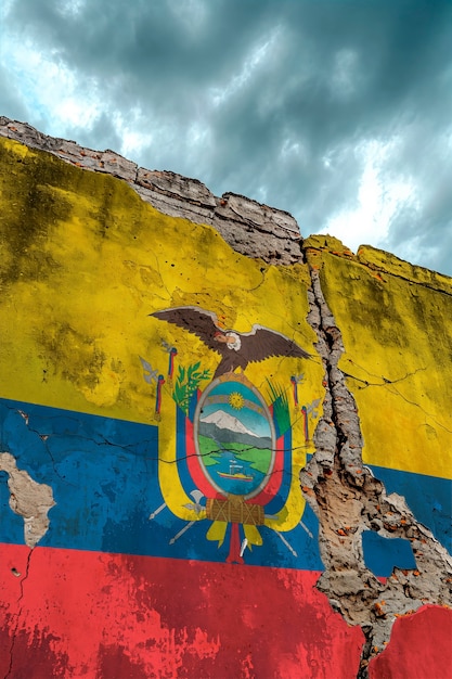 drapeau de l'équateur déchiré et cassé sur un mur de ciment