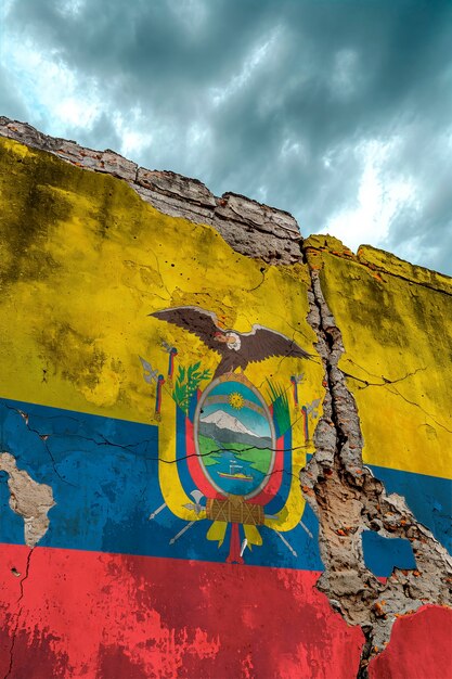 drapeau de l'équateur déchiré et cassé sur un mur de ciment