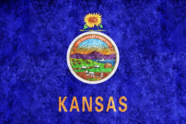 Photo gratuite drapeau de l'état du kansas métallique, fond du drapeau du kansas texture métallique