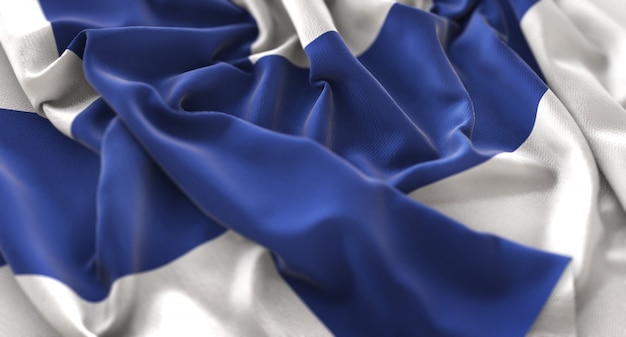 Drapeau de la Finlande Ruffled Beautifully Waving Macro Plan rapproché