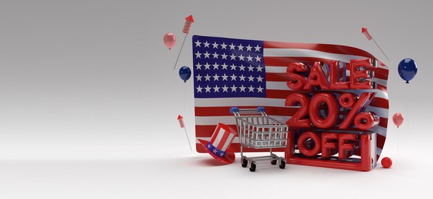 Drapeau des États-Unis de rendu 3D 4 juillet Concept de la fête de l'indépendance des États-Unis 20 Vente OFF Discount Banner