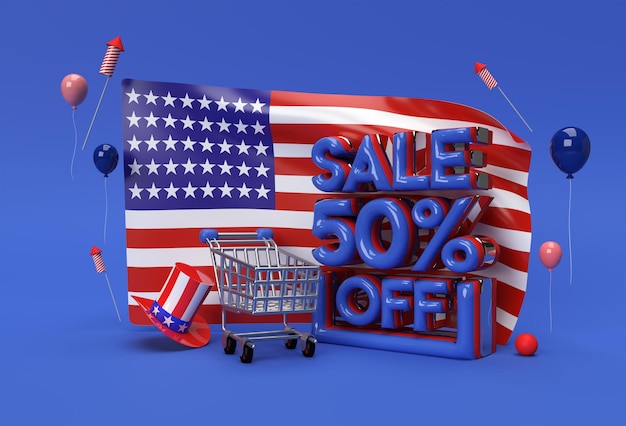 Drapeau des États-Unis de rendu 3D 4 juillet Concept de la fête de l'indépendance des États-Unis 50 Vente OFF Discount Banner