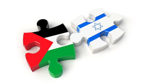 Drapeaux de palestine et d'israël sur des pièces de puzzle. notion de relation politique. rendu 3d