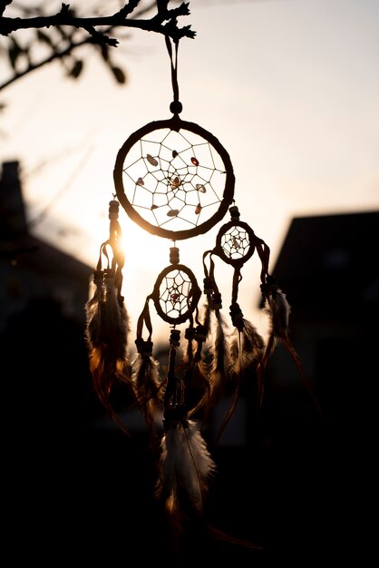 Dreamcatcher attaché à une branche au coucher du soleil