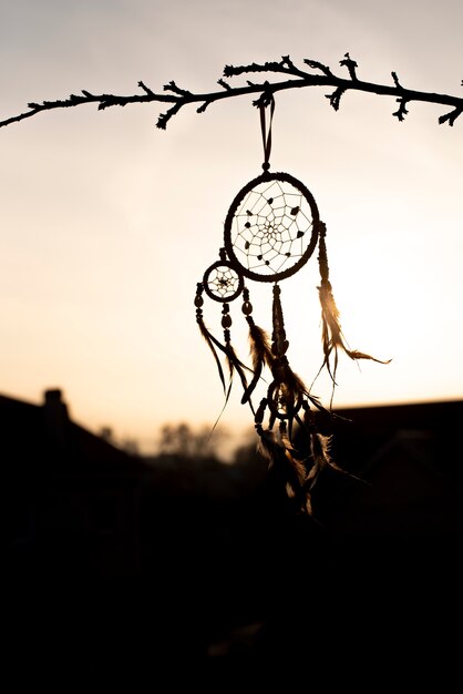 Dreamcatcher attaché à une branche au coucher du soleil