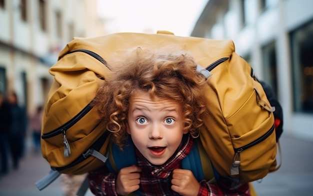 Un drôle de gamin avec un sac à dos .