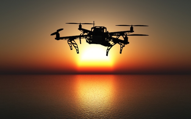 Drone 3D volant au-dessus d'une mer au coucher du soleil