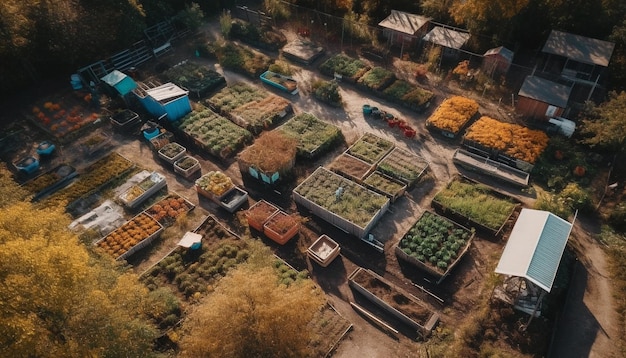 Un drone capture une récolte biologique abondante dans un paysage d'automne rural généré par l'IA