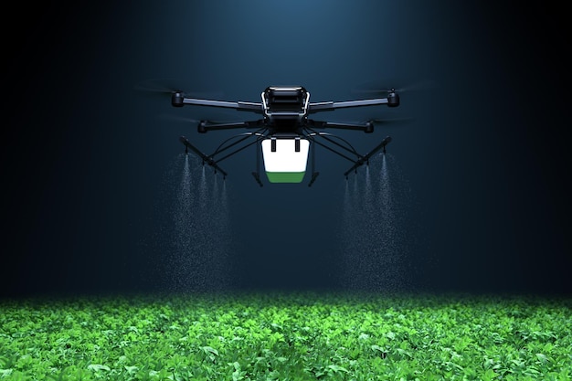 Drone pulvérisant de l'engrais sur les plantes vertes végétales Technologie agricole Automatisation agricole