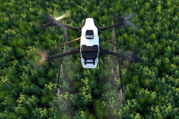 Drone pulvérisant de l'engrais sur les plantes vertes végétales Technologie agricole Automatisation agricole
