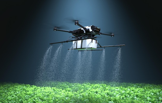 Drone pulvérisant de l'engrais sur les plantes vertes végétales Technologie agricole Automatisation agricole