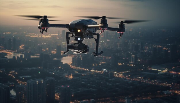 Un drone en vol stationnaire capture l'horizon de la ville au coucher du soleil généré par l'IA
