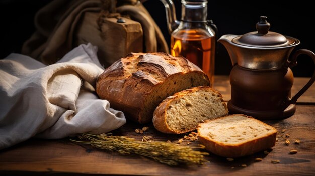 Du pain dans un sac à côté du thé sur une table en bois