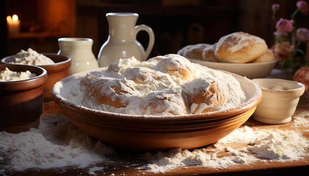 Photo gratuite du pain fait maison frais du four sur une table en bois rustique générée par l'intelligence artificielle
