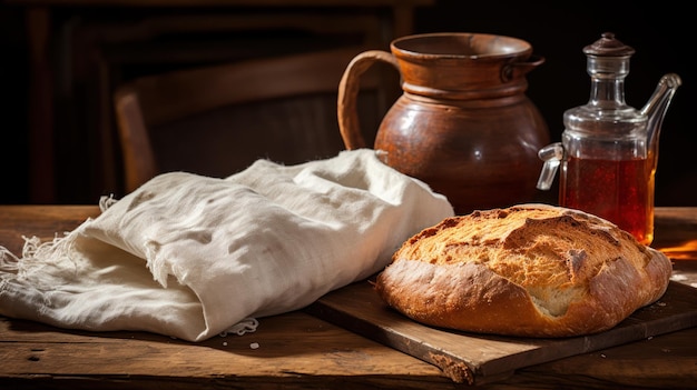 Photo gratuite du thé et un sac contenant du pain posé sur une table en bois