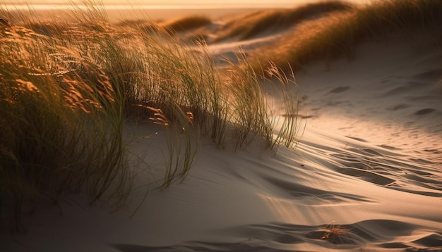 La dune de sable doré ondule dans un coucher de soleil tranquille généré par l'IA