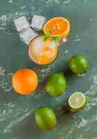 Photo gratuite l'eau de désintoxication glacée dans une tasse avec des oranges, de la menthe, des limes à plat sur une surface en plâtre