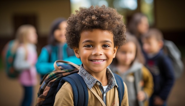 Des écoliers souriants en classe apprenant avec la joie générée par l'IA