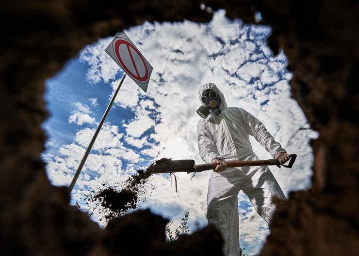 Écologiste creusant une fosse à la pelle et plantant un arbre dans une zone polluée