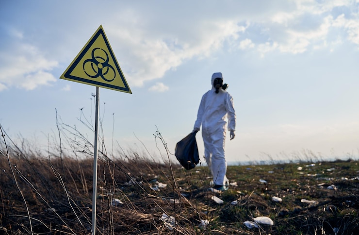 Photo gratuit écologiste debout dans un champ avec des ordures et un signe de danger biologique