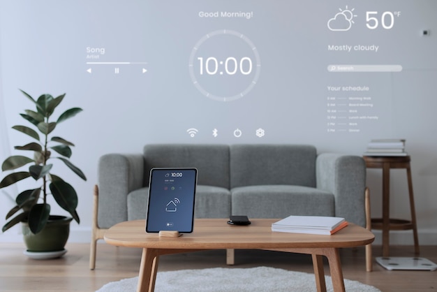 Écran de tablette numérique avec contrôleur maison intelligente sur une table en bois
