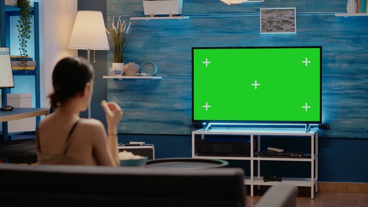 Photo gratuit écran vert sur écran de télévision moderne à la maison